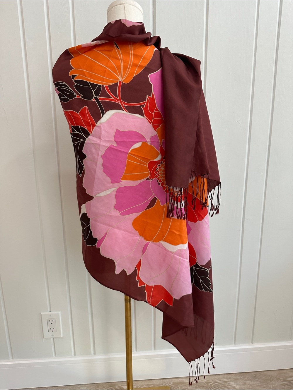 Large Bold Floral Fringe Scarf in Brown, Pink & Orange 63 inches long - Picture 2 of 5